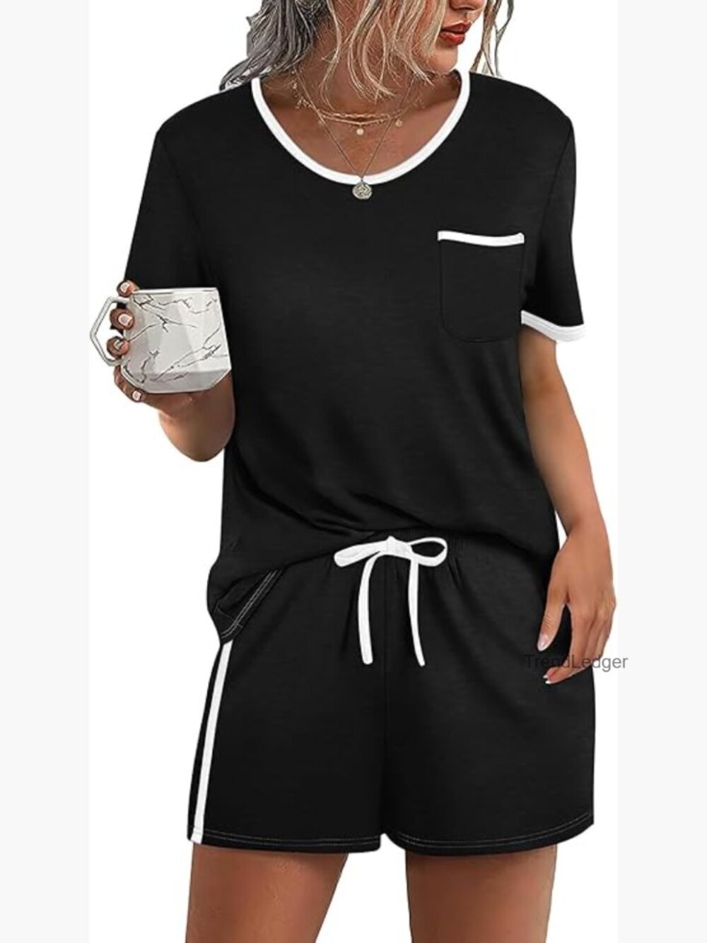 Plus Size Pajama Set Loose Fit Short Sleeve Top & Drawstring Shorts Soft